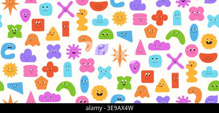 Geometric characters with emotions seamless pattern. Blob shapes expressive comic forms smiling childish faces boundless background. Abstract playful figures endless design wrapper backdrop template Stock Vector