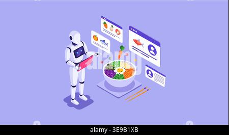 The robot uses digital interface technology to manage food menu design in this isometric vector illustration showcasing automated service for modern health. Stock Vector