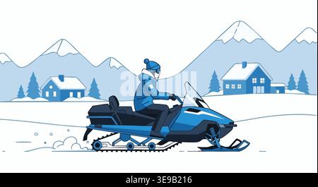 Person rides a blue snowmobile through a snowy winter landscape with mountains and houses, depicted in a flat vector illustration style. Stock Vector