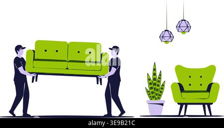 Movers dressed in uniforms carry a bright green sofa across a room as part of a professional furniture relocation and delivery service. Stock Vector