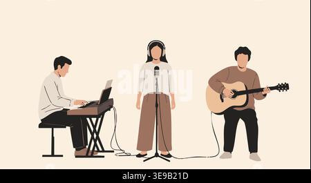 The musical ensemble performs with a pianist on keyboard, a vocalist singing into a microphone, and a guitarist playing an acoustic guitar. Stock Vector