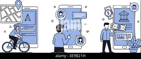 Mobile application vector illustrations display people interacting with navigation, messaging, and banking features through smartphones. Stock Vector
