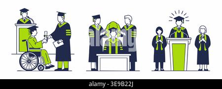 Students celebrate academic achievement during the graduation ceremony using flat vector graphic design elements to illustrate success in higher education. Stock Vector