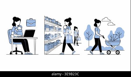A busy mother manages daily routines, including working on a laptop, shopping for groceries, and walking with a baby stroller in this vector illustration. Stock Vector