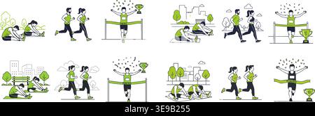 Vector illustration showing people exercising, stretching, running a marathon, and celebrating success at the finish line with a trophy. Stock Vector