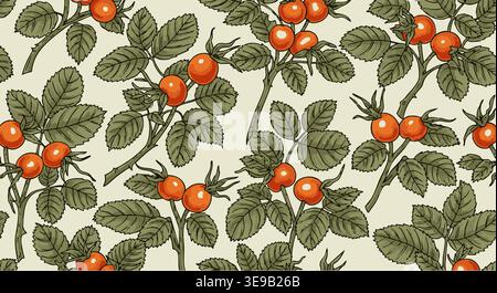 Botanical rosehip and leaf vector illustration creates a charming seamless pattern, ideal for backgrounds, textiles, or decorative graphic design. Stock Vector
