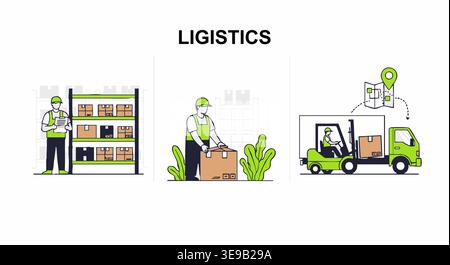 Logistics workers handle inventory and shipping operations in this flat vector graphic design that illustrates modern supply chain management. Stock Vector