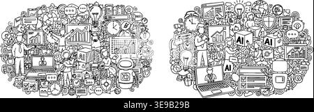 Artificial intelligence technology business concepts feature hand-drawn doodles depicting robots and charts in a creative vector graphic. Stock Vector