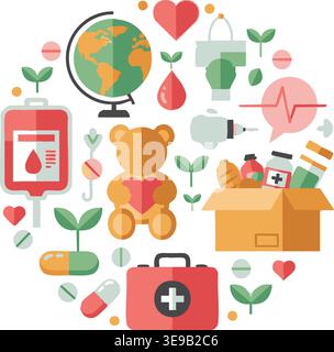 Humanitarian aid icons arranged in a circular vector design promote global charity efforts through medical support. Stock Vector