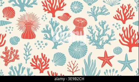 Stylized red and blue marine coral, seashells, starfish, and sea anemones create a vibrant seamless vector graphic pattern for backgrounds or textiles. Stock Vector