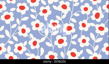 The retro floral seamless vector illustration features white flowers with red centers and leaves on a periwinkle blue background. Stock Vector