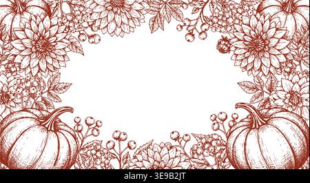 Autumn harvest vector illustration featuring pumpkins with vibrant dahlias and berries arranged in an ornate decorative frame for seasonal holidays. Stock Vector