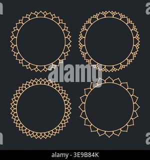 Elegant gold frames glow against deep black background. Each design features intricate, symmetrical patterns. Geometric shapes create a luxurious, sop Stock Vector
