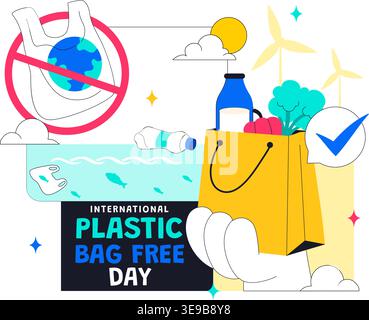 International Plastic Bag Free Day Illustration Eco Friendly Campaign Concept With Reusable Bags Recycling Symbols And Zero Waste Lifestyle Design Stock Vector