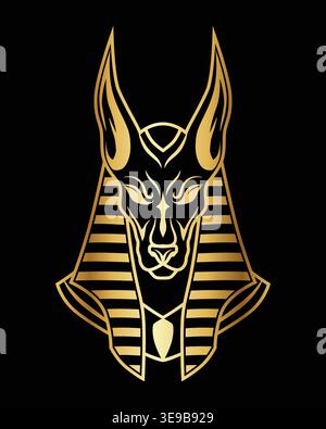 Golden Anubis head, ancient Egyptian style. Elegant lines form a regal canine visage. Dark background enhances symbolic richness. Stylized design suit Stock Vector