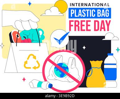 International Plastic Bag Free Day Illustration Eco Friendly Campaign Concept With Reusable Bags Recycling Symbols And Zero Waste Lifestyle Design Stock Vector