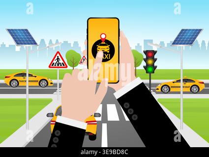 Taxi Online Application on Smartphone. Calling or Booking Taxi Service Concept.  Vector Illustration. Stock Vector