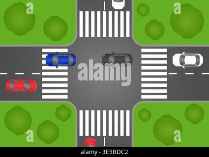 Car Stop at Crosswalk in the City. Pedestrian Crossing Road. Zebra Crossing. Vector Illustration. Stock Vector