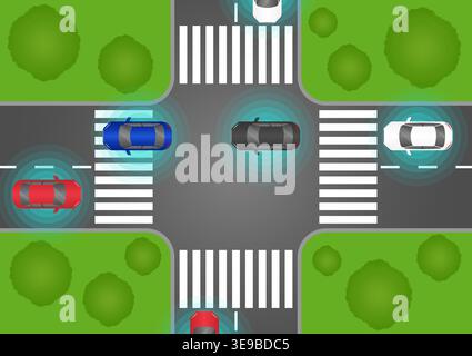 Smart Car with Remote Sensing and Sensor System. Driverless or Autonomous Car on the Road. Vector Illustration. Stock Vector