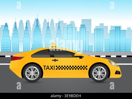 Taxi Drive along the Road in the City. Taxi Service Concept. Vector Illustration. Stock Vector