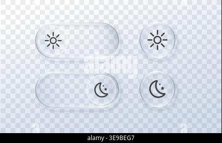 Modern UI toggle with crescent moon and daylight icons. Minimalist switch control featuring gradient glow, perfect for app theme selection and screen Stock Vector