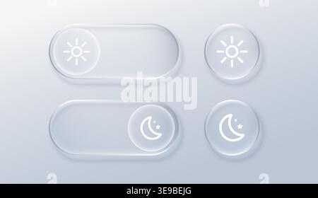 Night mode toggle with glowing moon icon and sun symbol. Glass morphism UI button for switching between dark and light themes on digital screens. Stock Vector