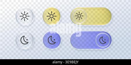 Night sun switch button glass 3d sleep liquid light moon. This ui day vector icon features a white mode screen design for a dark web toggle slider or Stock Vector