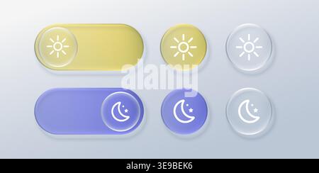 3D glass toggle slider switching from sun to moon. Glossy night mode button with transparent effect for web and mobile interface design elements Stock Vector