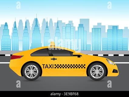 Taxi Drive along the Road in the City. Taxi Service Concept. Vector Illustration. Stock Vector
