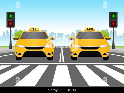 Taxi Drive along the Road in the City. Taxi Service Concept. Vector Illustration. Stock Vector