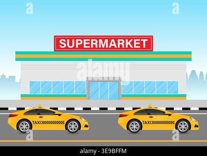 Taxi Drive along the Road in the City. Taxi Service Concept. Vector Illustration. Stock Vector