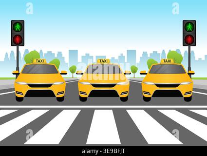 Taxi Drive along the Road in the City. Taxi Service Concept. Vector Illustration. Stock Vector