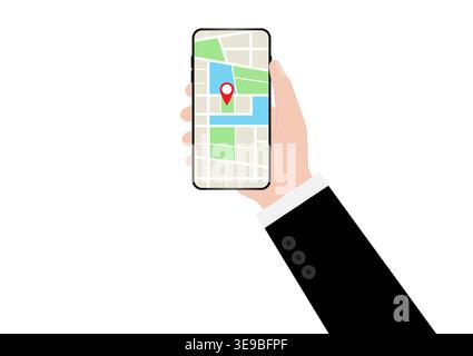 Hand Holding Smartphone with Map Navigation Application. Map GPS Navigation. Vector Illustration. Stock Vector