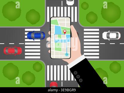 Hand Holding Smartphone with Map Navigation Application. Map GPS Navigation. Vector Illustration. Stock Vector