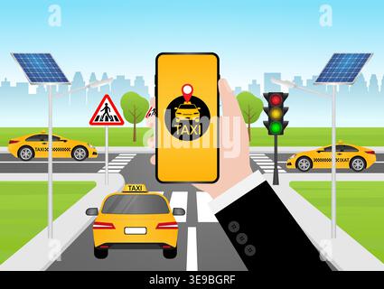 Taxi Online Application on Smartphone. Calling or Booking Taxi Service Concept.  Vector Illustration. Stock Vector