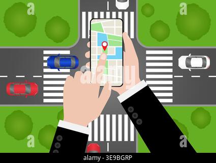 Hand Holding Smartphone with Map Navigation Application. Map GPS Navigation. Vector Illustration. Stock Vector