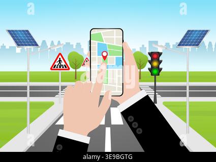 Hand Holding Smartphone with Map Navigation Application. Map GPS Navigation. Vector Illustration. Stock Vector