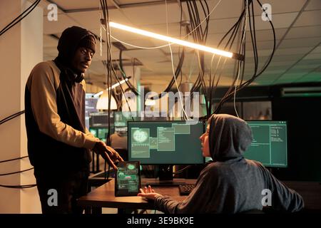 Unsuccessful database password cracking, computer system access denied. Cyberattack, hackers failed server hacking, internet criminals using malicious software, stealing data Stock Photo