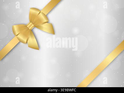Golden Ribbon Bow on Silver Background for Christmas and New Year Event. Vector Illustration. Stock Vector