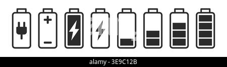 Set of battery icons showing different charge levels and states including full, empty, charging and power connection. Clean minimal flat line style su Stock Vector