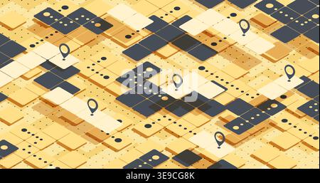 Abstract navigation plan highlights points of interesting on Squares background. Isometric Gps navigation with multiple markers.. Pins on Squares Stock Vector