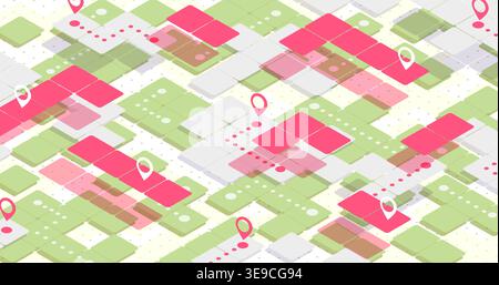 Abstract isometric navigation concept on a background of squares. Squares as symbol of roads. Location signs on squares. Vector illustration Stock Vector