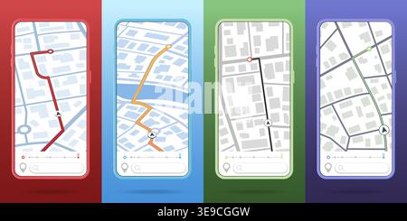 GPS city map app concept. Smartphone navigation application for travel with location mark, pointer, on screen. Search Location service design Stock Vector