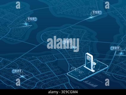 Search charging station online with mobile phone app. Location mark on gps navigation isometric map on smartphone application. POI fast supercharger Stock Vector