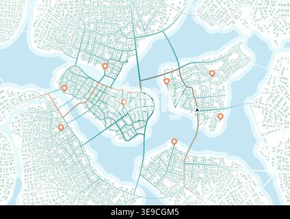 Highlighted route with multiple alternatives on city map for projects related to guides, routes, and route planning. Vector illustration of a city map Stock Vector