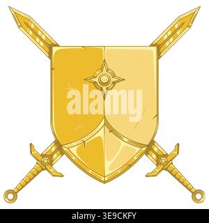 Majestic medieval emblem bathed in pure gold. The shield and crossed swords stand out with a luxurious metallic shine ideal for representing success n Stock Vector