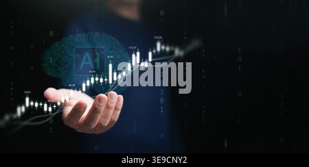 Artificial intelligence analyzing financial data for smart investment concept. Human hand holding glowing candlestick chart and AI brain circuit icon Stock Photo