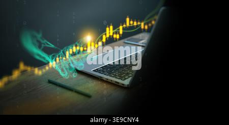 Artificial intelligence is analyzing financial data for smart investment concept. Digital hand touching stock market candlestick chart and business gr Stock Photo