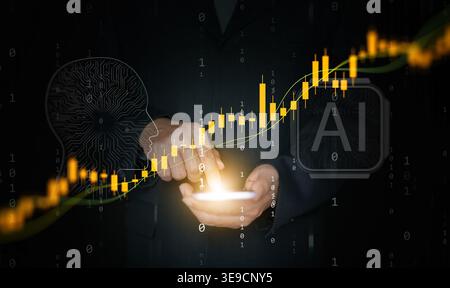 Artificial intelligence analyzing financial data for smart investment. Businessman using smartphone with chart to activate AI for stock trading, finte Stock Photo