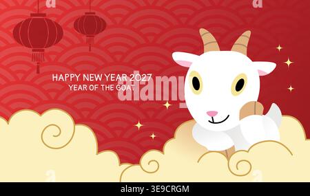 Zodiac goat with auspicious clouds decorations and decorative chinese paper lanterns hanging in background. Cute banner template. Stock Vector